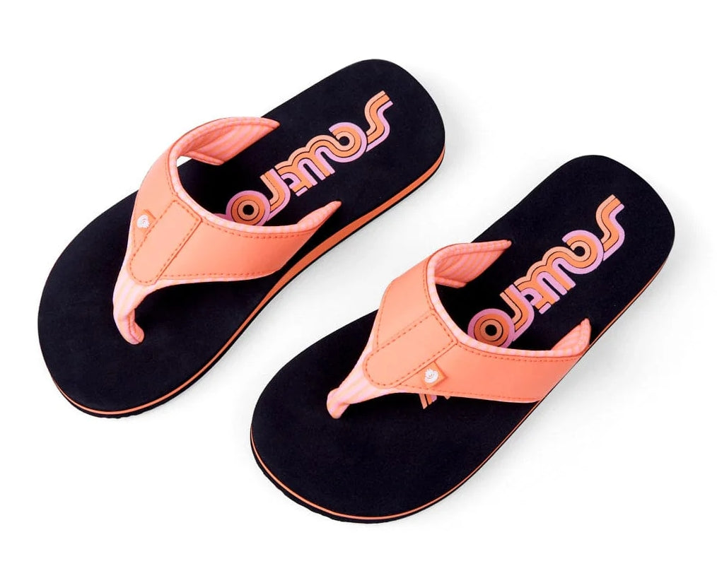 Women's Saltrock Cora Retro flip flops with a black sole with a retro style logo print footbed and a padded peach coloured strap.