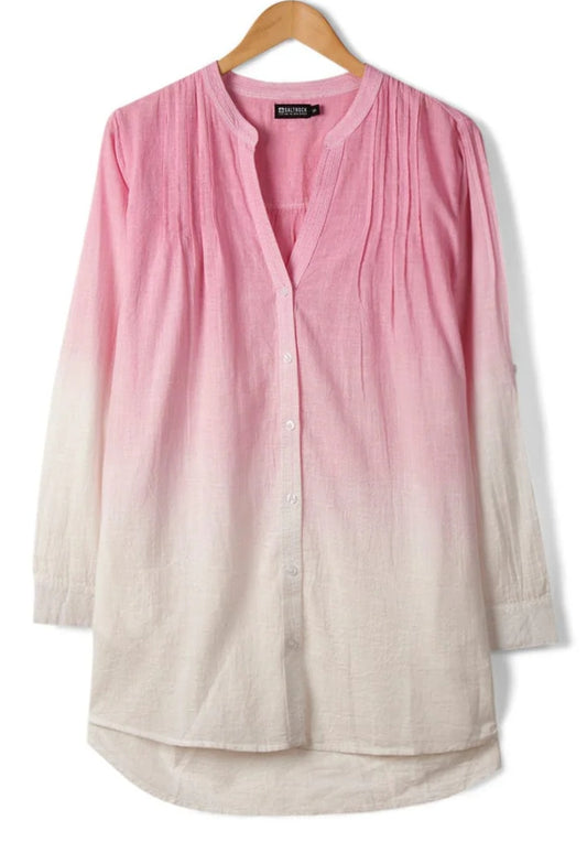 Saltrock women's loose fit longline Karthi shirt in tie dye pink to white fade effect.
