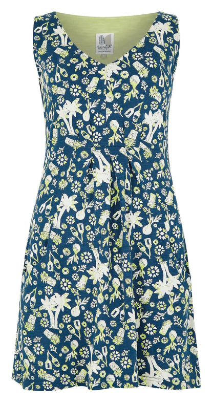 Weird Fish women's Indus sleeveless v-neck jersey tunic in Ensign Blue with a tropical pattern.