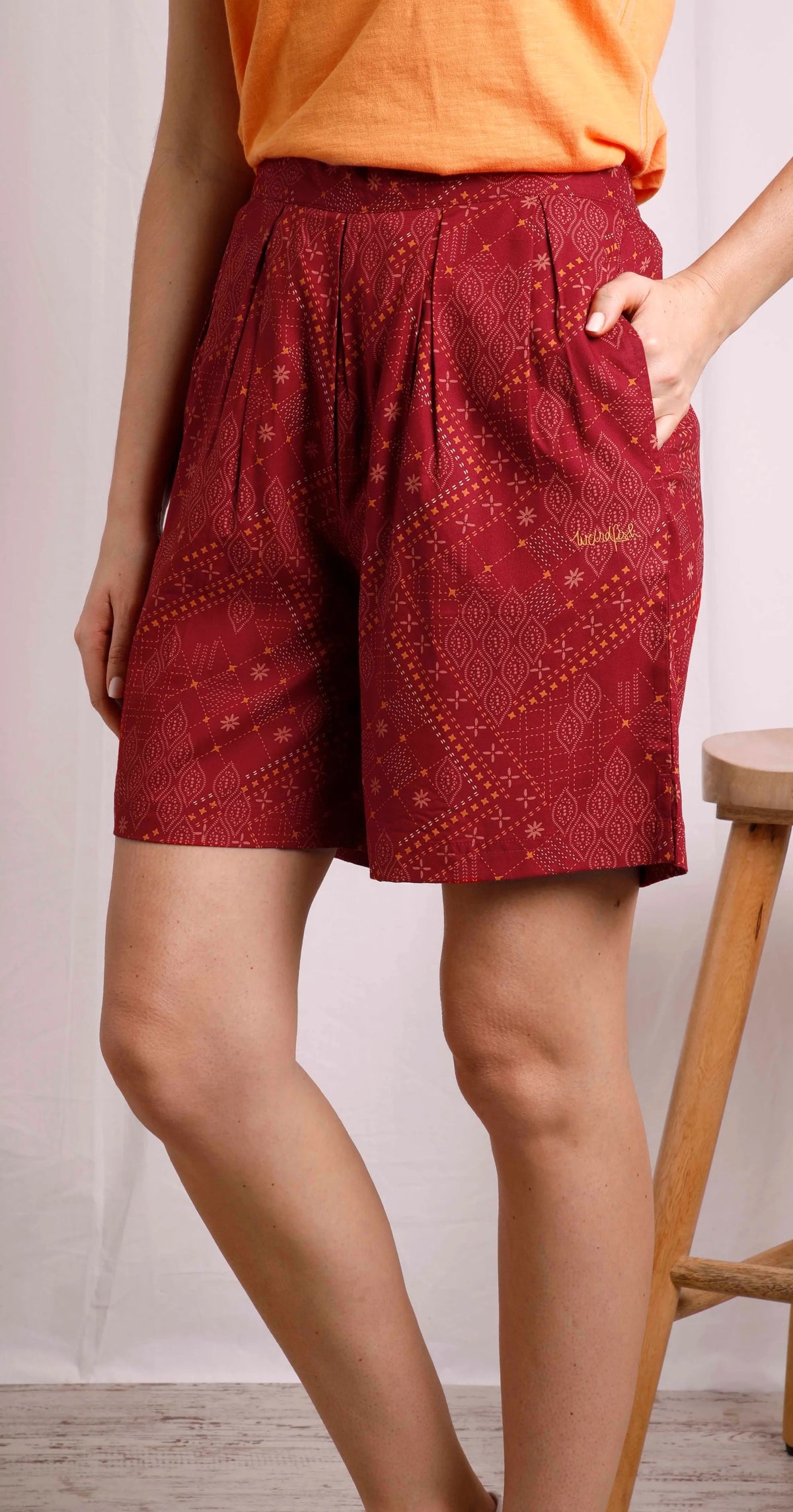 Women's Chilli Red viscose Sundance shorts from Weird Fish with Moroccan style print, elasticated waist and hip pockets.