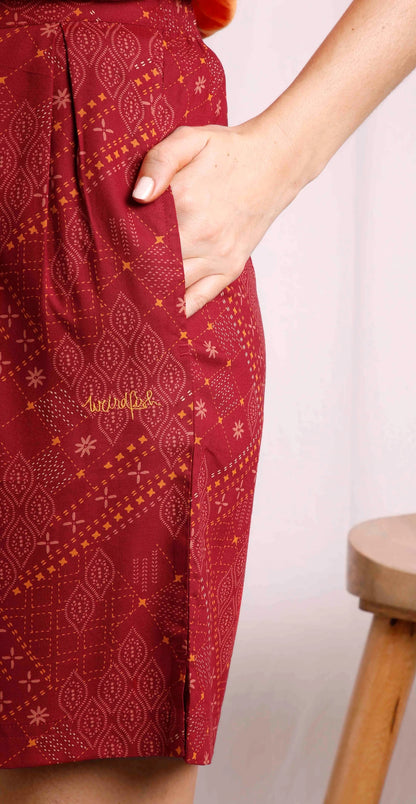 Women's Sundance viscose shorts from Weird Fish in Chilli Red with Moroccan print and hip pockets.