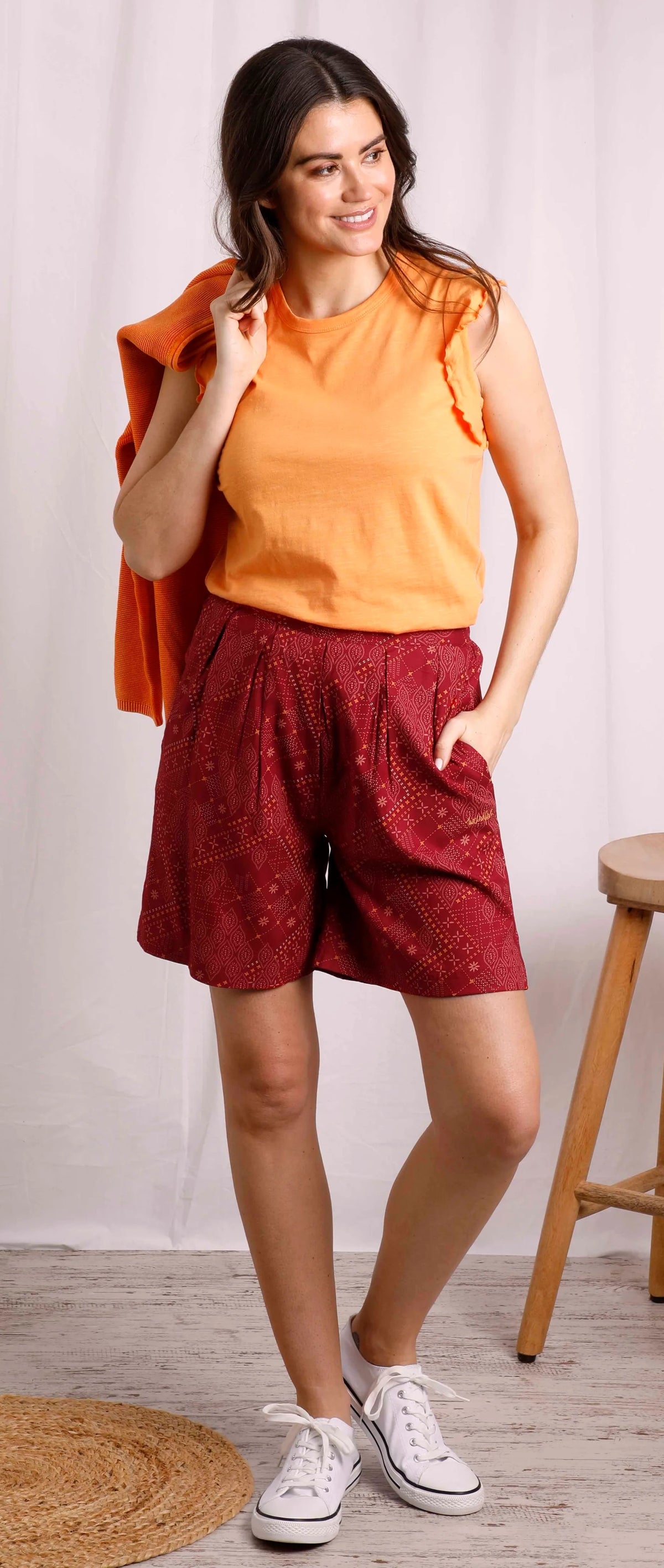 Weird Fish Sundance women's loose fit viscose shorts in Chilli Red.